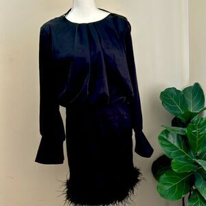 SATIN FEATHER TRIM LONG SLEEVE DRESS size 10